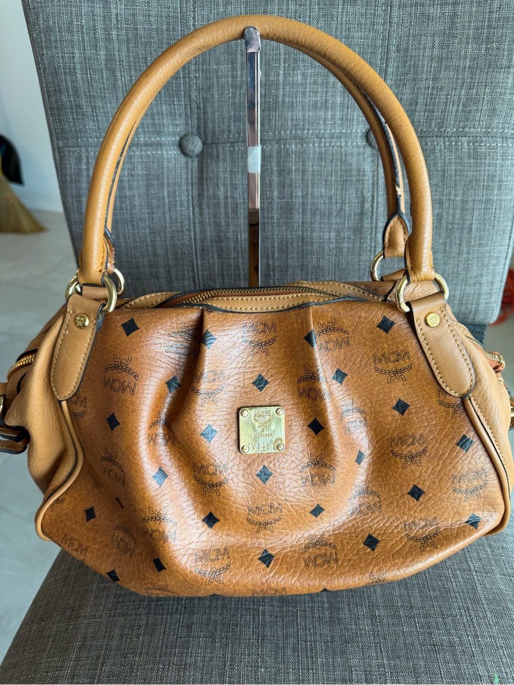 MCM Cognac Logo Visetos Dome Satchel